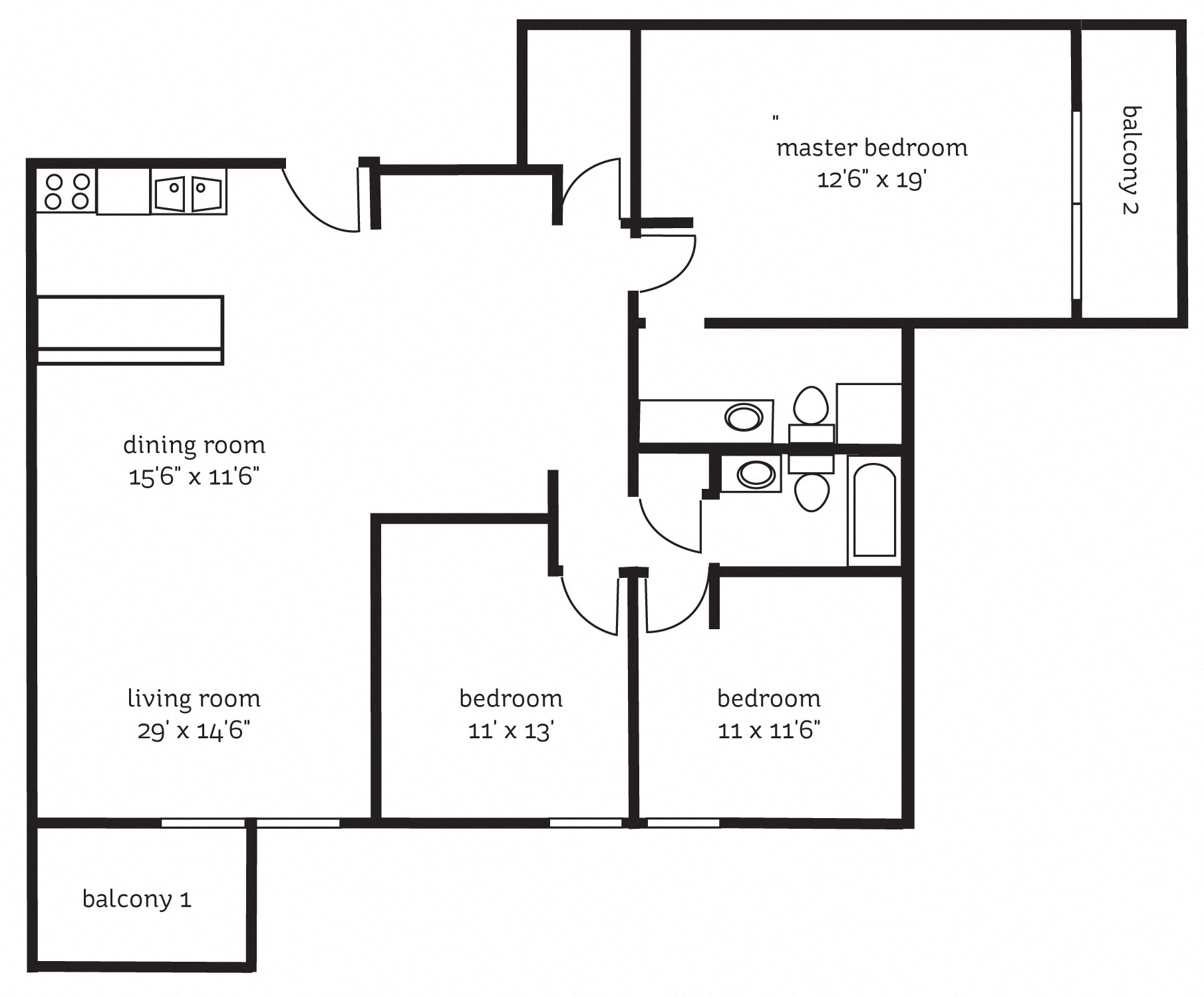 Floor plan for 3 beds, 1.8 baths, 1330 sqft